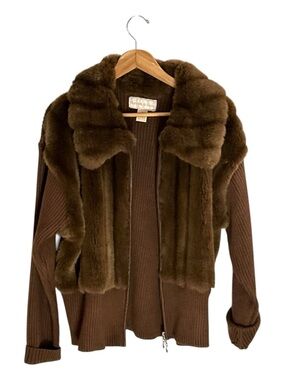 Monroe & Main Brown Faux Fur-Trim Knit Jacket
